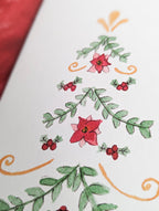 a close up of a watercolor and pen drawing of a folk art inspired christmas tree on a white background
