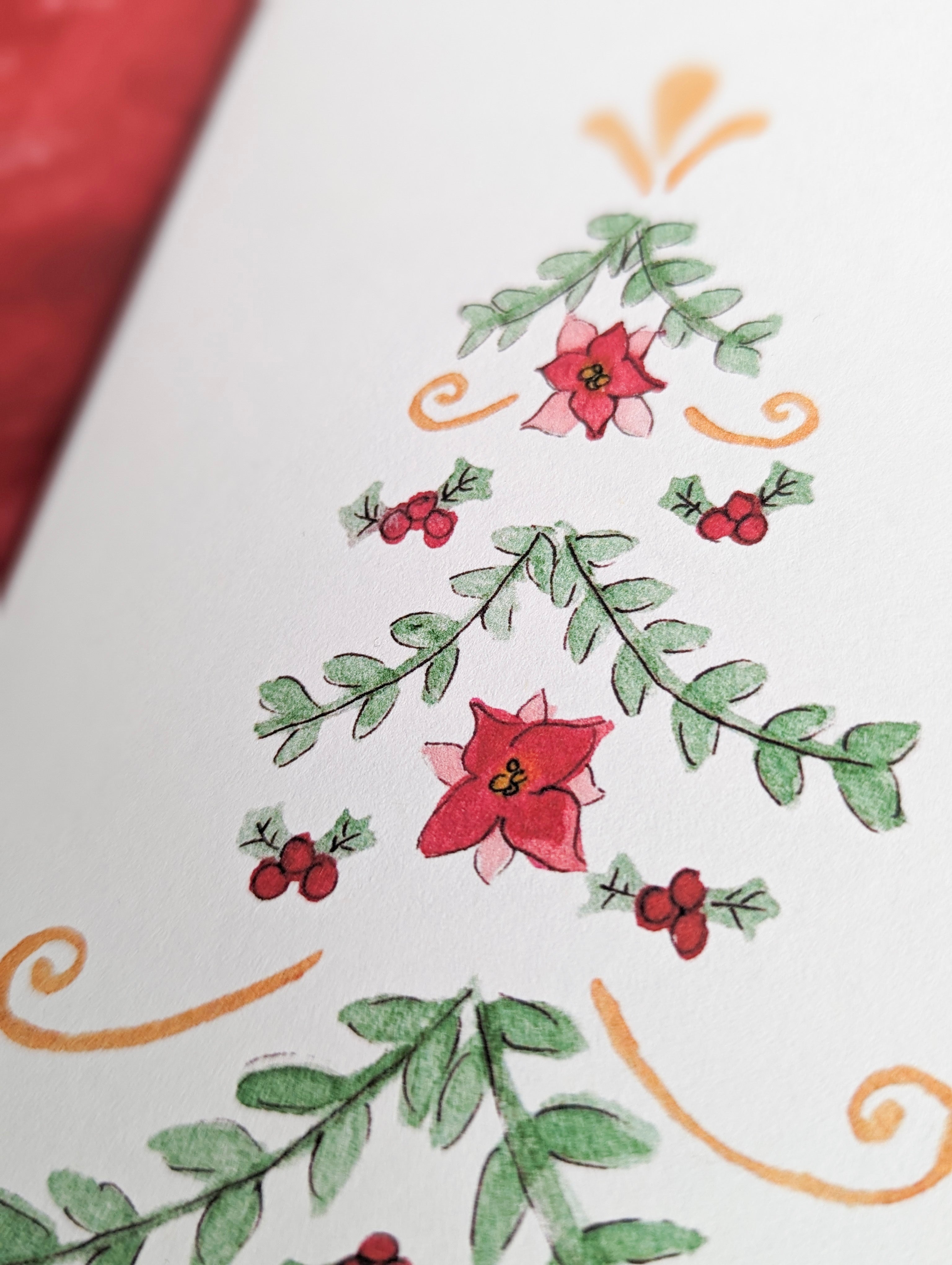 a close up of a watercolor and pen drawing of a folk art inspired christmas tree on a white background